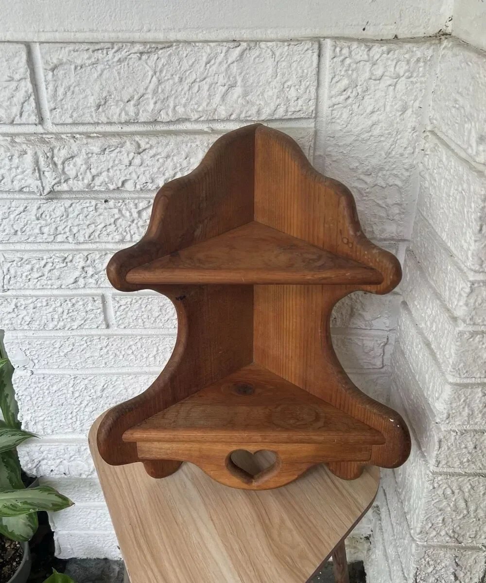 Vintage Wood Heart Cutout 2 Tier Corner Shelf Farmhouse Cottagecore Cabincore